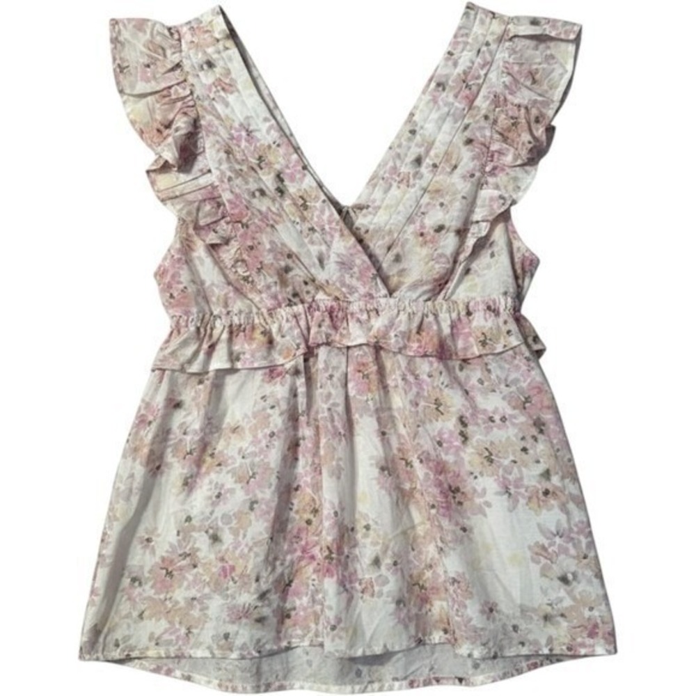 Munthe Herb Top 44 Pink Floral Silk Cotton Ruffle Cutout Back Cottagecore